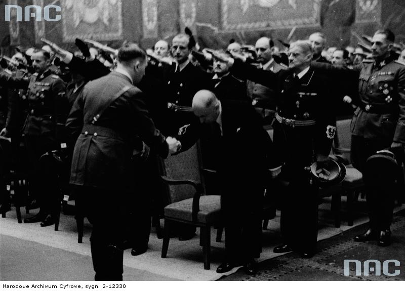 Adolf Hitler greets the President of the Bohamia and Moravian Protectorate Emil Hácha at Reinhard Heydrich's funeral 